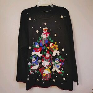 Ugly Christmas 3D Sweater Women  Large Black Snowmen Mock Turtleneck Long Sleeve